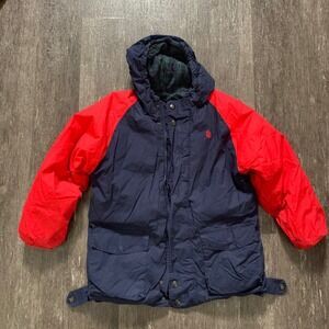 Vintage Nautica Kids Blue Red Plaid Reversible Hooded Down Coat Size L 16-18